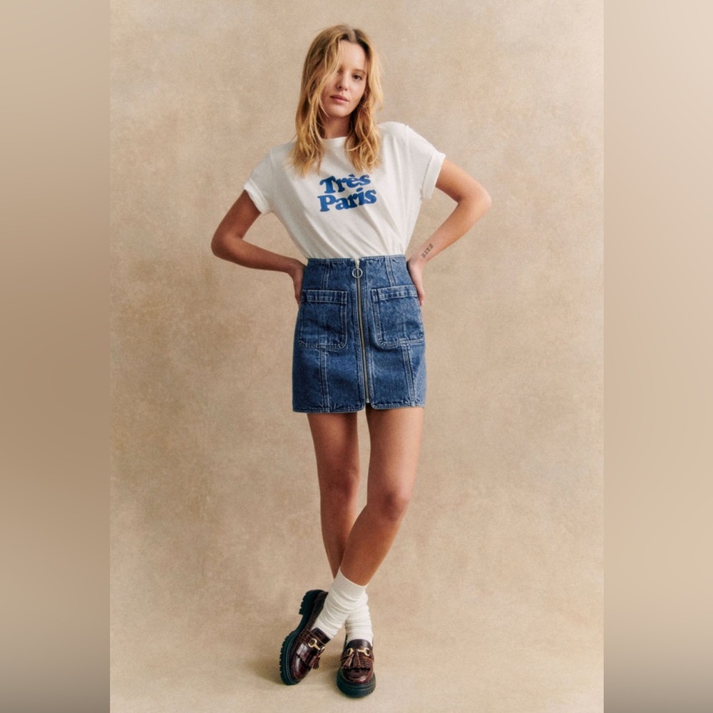 Sezane Blue Denim Zip-Front Mini Skirt